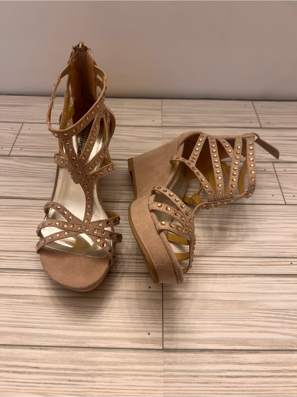 Girls Kids Wedge Sandals Suede Beige Rhinestone Sz 1 Open Toe